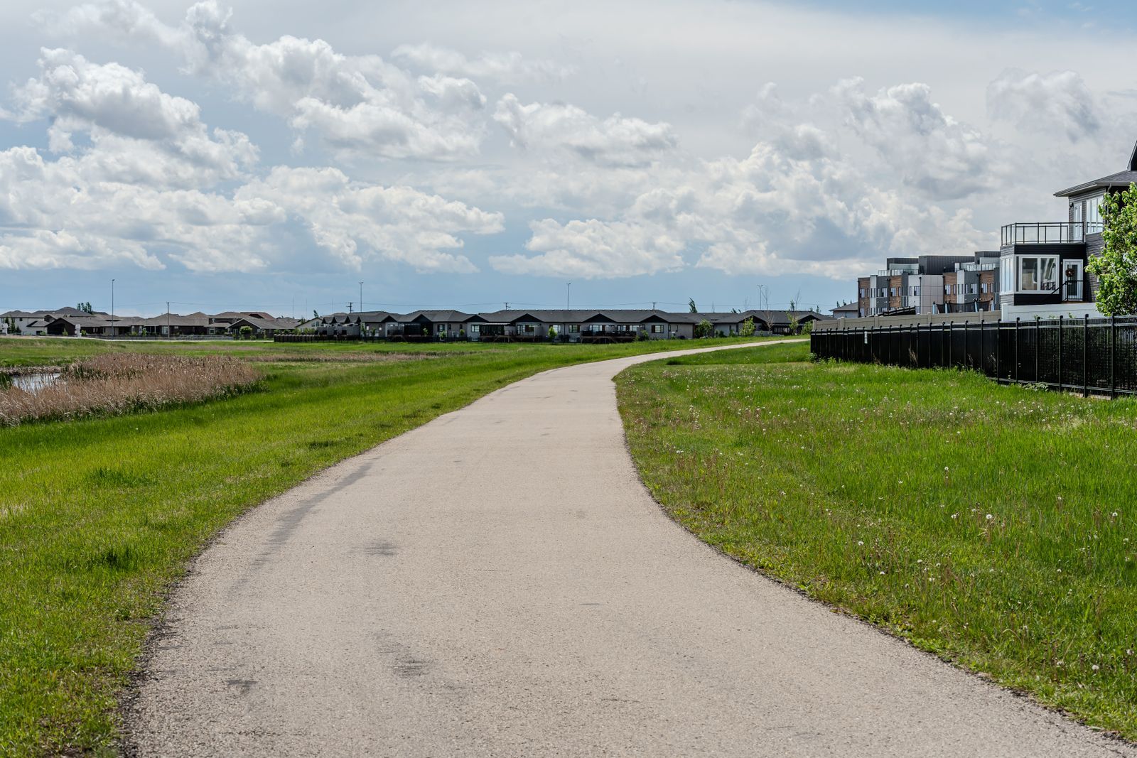 A paved pathway curving through mown green space beside a pond, with rows of suburban homes on the horizon under a cloudy sky