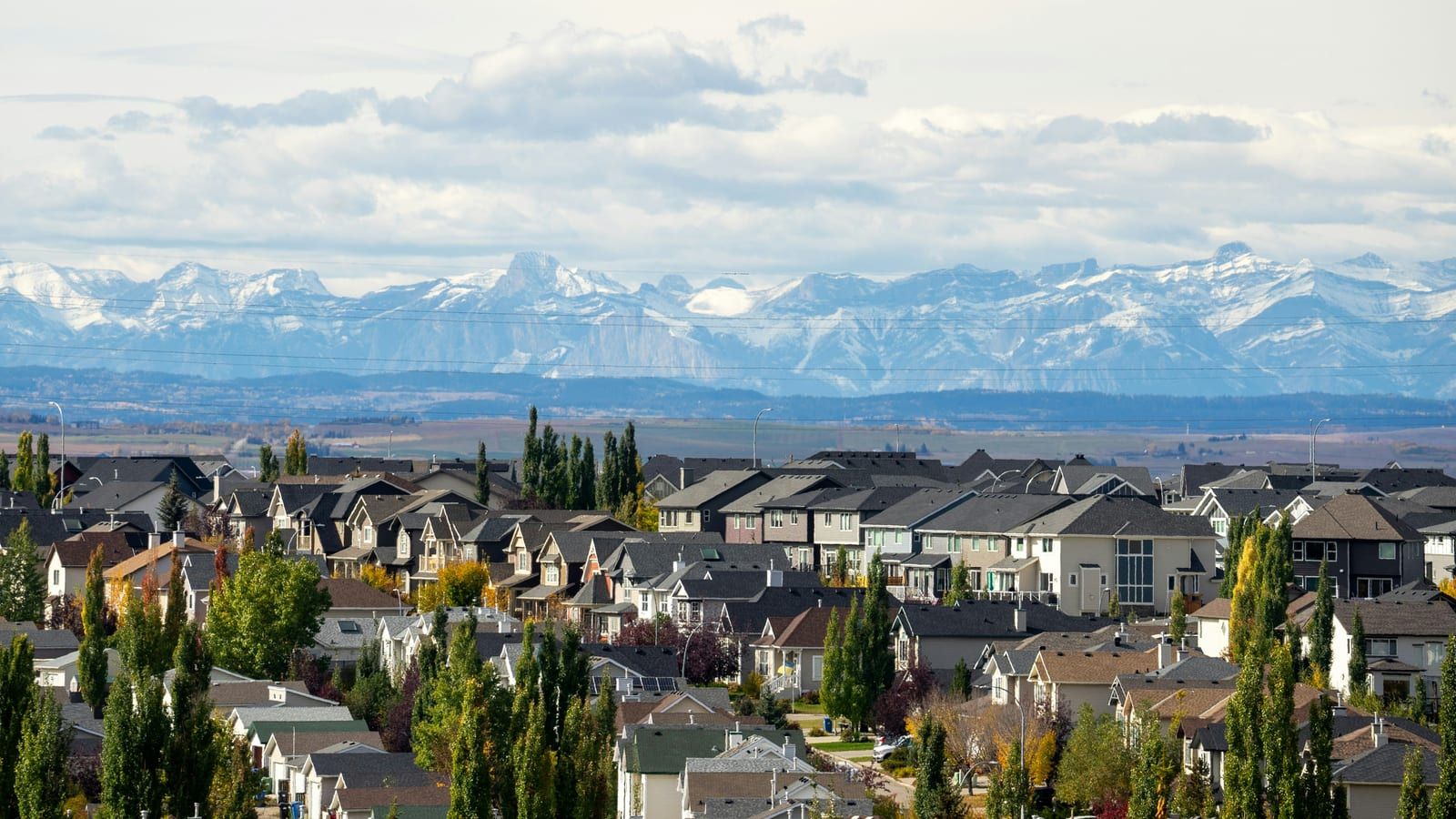 Rows of houses in a Calgary suburb in fall, with the snow-capped Rocky Mountains on the horizon